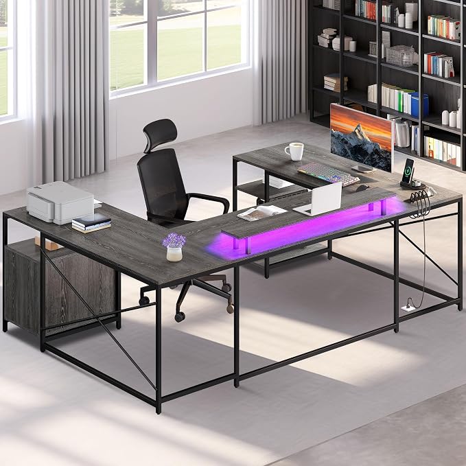 DWVO U Shaped Desk with Drawers | 79" Reversible L Shaped Desk with Power Outlets & LED Lights, Corner Computer Desk with Monitor Stand & Storage Shelves, Grey