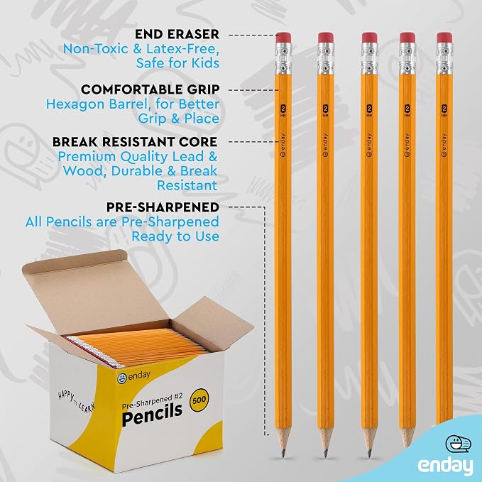 Enday #2 Pencils Bulk - 500 Pack - Pre-Sharpened #2 Wood-Cased Yellow Sharpened Pencils for Kids with Latex-Free Eraser Top for Office and Classroom Supplies