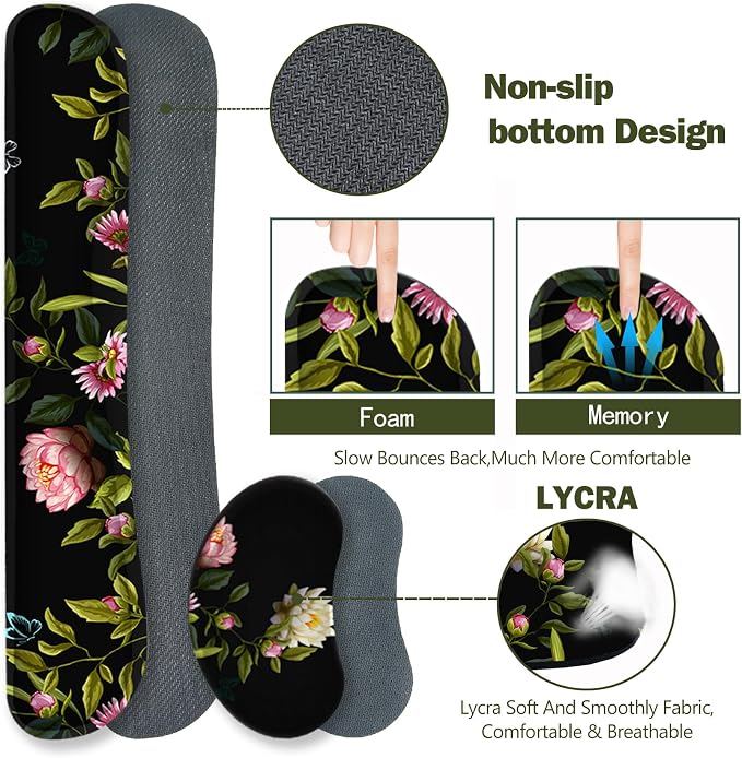 Gaming Mouse Pad Wrist Support Set, XXL Large Desk Mat Mousepad + Keyboard Wrist Support+ Mouse Wrist Rest+Coaster 4in1 Ergonomic, Stitched Edge for Home Office -Flowers and Butterflies