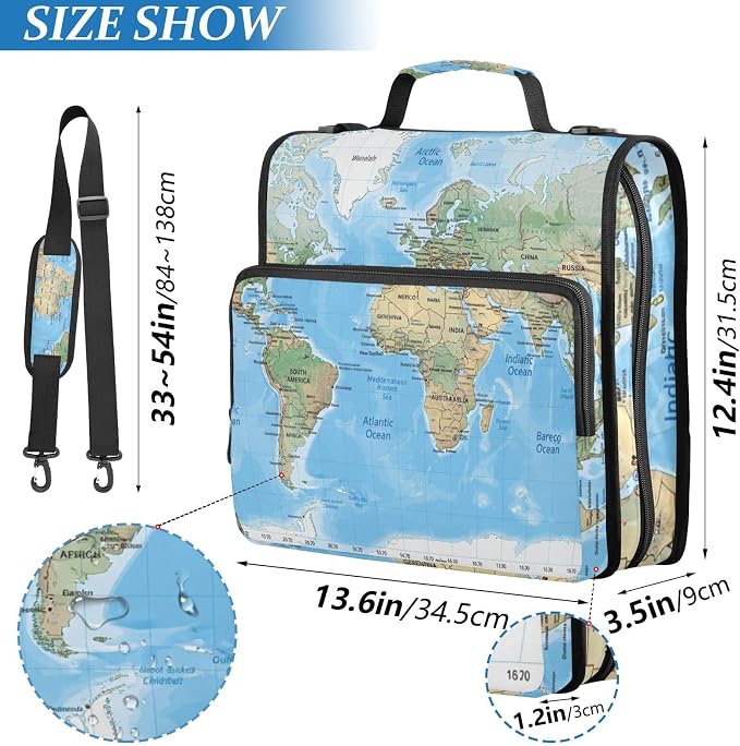 3 Ring Zipper Binder with Shoulder Strap World Map Blaue 1.5 inch Binders Keeper Large Capacity Multi Pockets for School Office Supplies