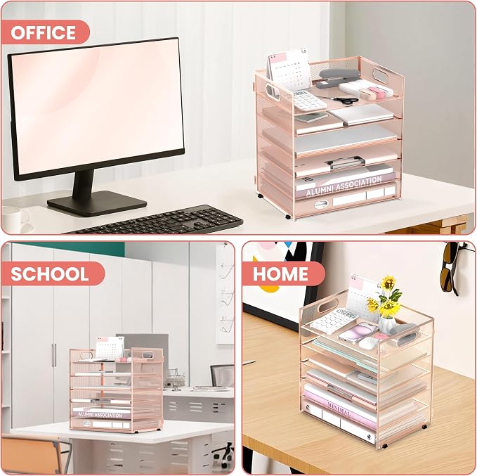 Daltack 6-Tier Paper Organizer for Desk with Handle, Rose Gold | Sturdy Metal Mesh Organizer with Movable Middle Trays and a Carry Handle for Papers, Folders and Office Supplies