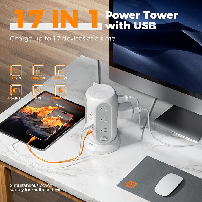 TESSAN Tower Power Strip Surge Protector, Flat Extension Cord 6 Ft, Grey | Individual Switches with 12 Outlets, 5 USB Ports(2 USB C), Flat Plug, Charging Station for Multiple Devices, Office, Dorm