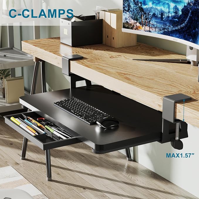 ETHU Keyboard Tray Under Desk, 19.7" X 11.81" Small Size Keyboard Drawer with C Clamp-on Mount Easy to Install, Computer Keyboard Stand Slide Pull Out, Ergonomic Keyboard Tray for Home & Office, Black