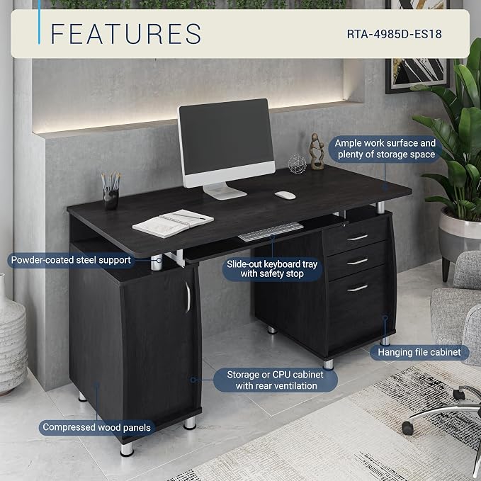 Techni Mobili 48''W Computer Desk with File Cabinet & Drawers, Espresso | Home Office, Keyboard Tray, Storage, Computer Workstation, Ideal for home office, Workspace organization
