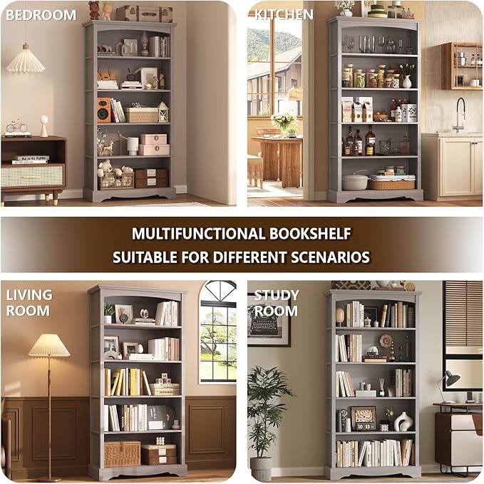 TVU 5-Tier Wooden Bookshelf, 65 Inch Tall Bookshelf with Storage, Floor Standing Modern Style Display Bookcase for Living Room, Office, Study Room, Entryway, Grey