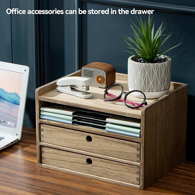 KIRIGEN Wooden Desk Organizer with 2 Drawers and Top Tray, Brown 3D2C-DBR | Three-Tier Desktop Storage Cabinet Stores Papers, Office Supplies, Cosmetics, Crafts, and Small Accessories for Home Office