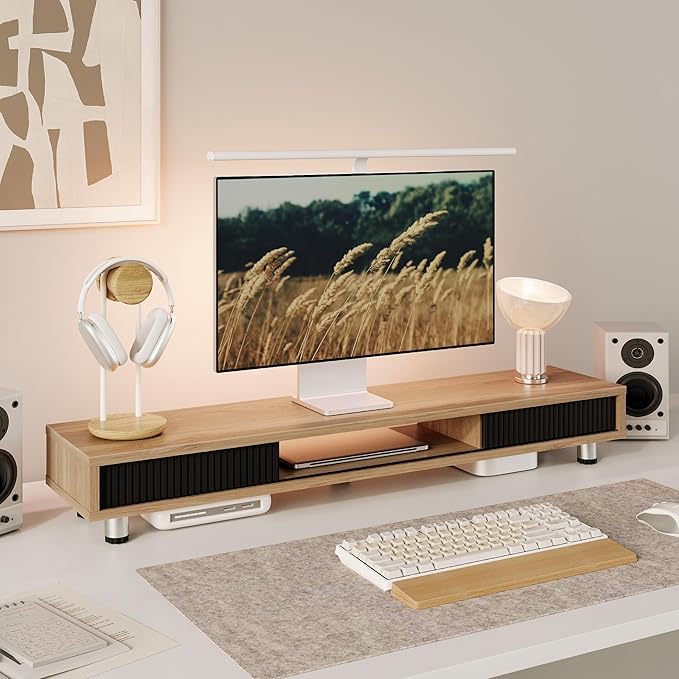 Fenge Dual Monitor Stand with Storage, Desk Shelf with Glass Sliding Door | Ergonomic Height Adjustment, 42.5in Monitor Shelf, 2-Tier Monitor Riser, Desk Organizer for Screen, PC, Laptop, Dark Oak