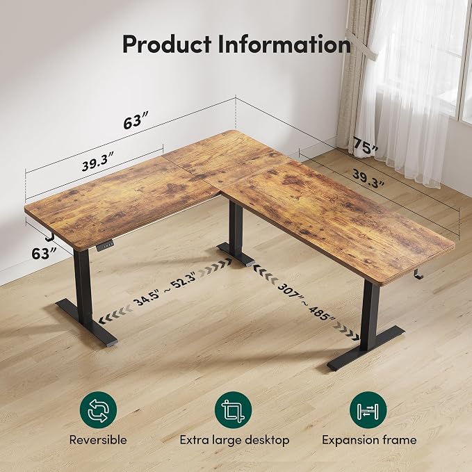 FEZIBO 75" x 63"L Shaped Standing Desk Adjustable Height, Electric Stand up Corner Computer Desk, Sit Stand Home Office Desk with Splice Board, Rustic Brown