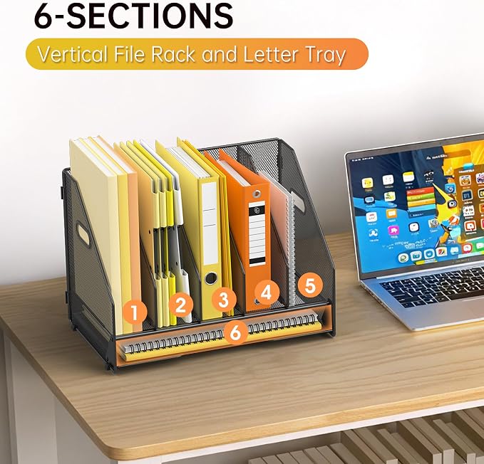 Docnest Mesh Desk File Organizer, 5 Vertical Compartment Box Sorter, Black | Features 4 removable middle dividers for custom spacing and a bottom letter tray to hold paper, mail, and documents
