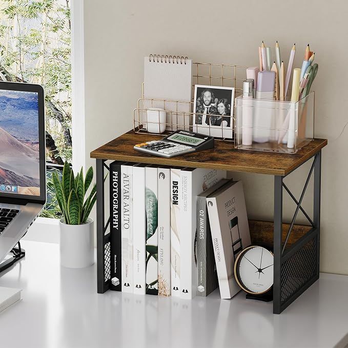 Printer Stand for Desk, Desktop Printer Stand Shelf Organzier for Home Office, for Above and Under Desk, Fax Machine Copier Scanner, Rustic Brown