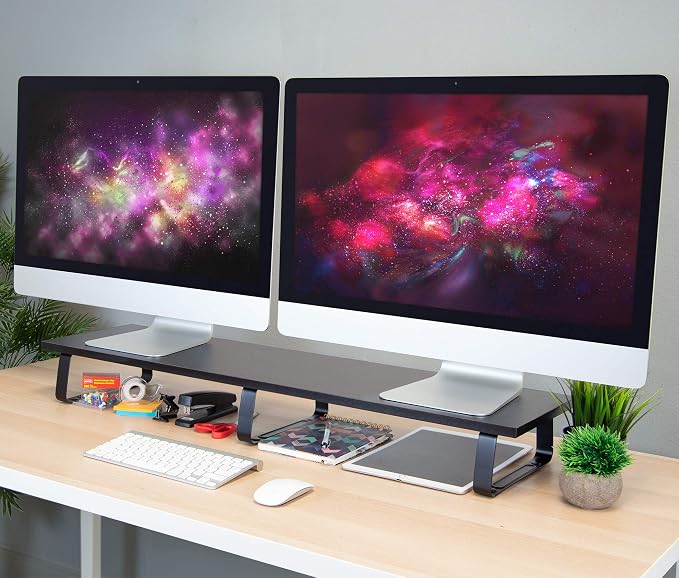 Mount-It! 39" Extra Long Dual Monitor Stand Riser – Ergonomic Desk Organizer for 2 Monitors, Laptop, TV, or Printer – Heavy-Duty Steel & Wood Desktop Shelf with Storage – Supports 44 Lbs – Black