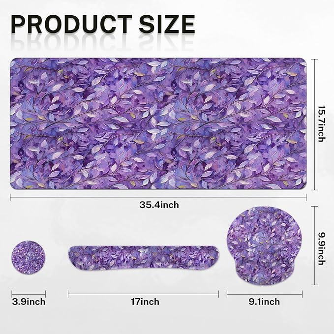 Keyboard Mouse Pad Set, 4 in 1 Desk Mat Set, Purple Leaves Oil | Large Mousepad+Keyboard Wrist Rest+Mouse Wrist Rest+Coaster Ergonomic Design for Home Office Computer