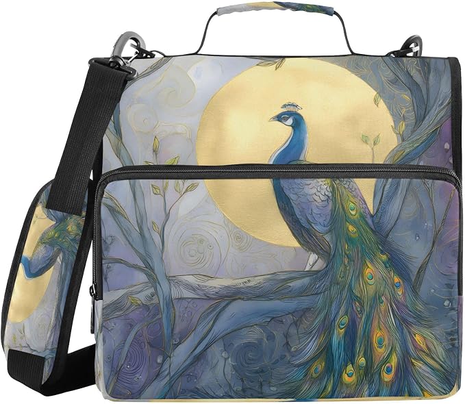 ALAZA Zipper Binder 3 Ring Peacock Moon Binder Organizer with Zipper and Shoulder Strap Large Capacity Multi-Pocket Trapper Keeper File Folder for Office Supplies