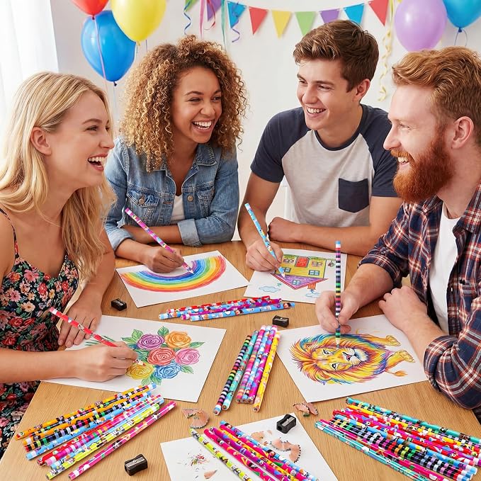 Nezyo 100 Pcs Rainbow Colored Pencils Bulk - 7 Color in 1 Wooden Fun Colorful Pencils Assorted Cute Novelty Art Supplies for Drawing Coloring Back to School Gifts Incentive Reward Stocking Stuffers