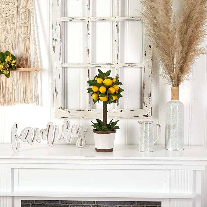 Nearly Natural Lemon Ball Topiary Arrangement, 19.5'' x 8.5'' x 8.75'' | Vibrant Citrus Fruits on a Stout Trunk, Elegant Decorative Pot Included, Maintenance-Free Accent for Home or Office Spaces