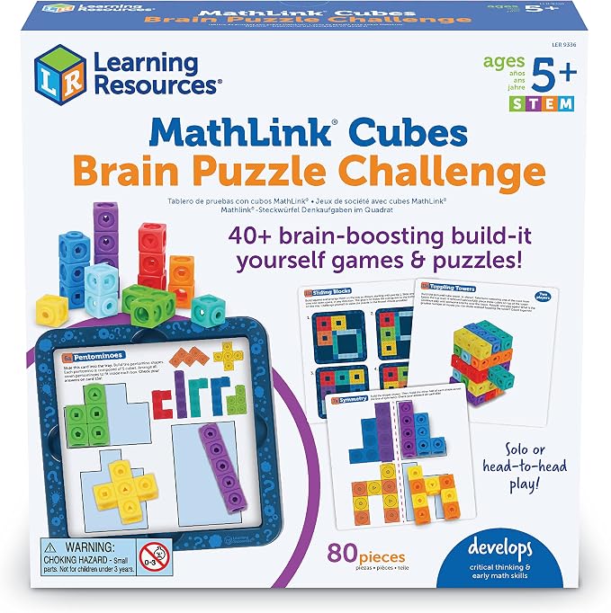 Learning Resources MathLink Cubes Brain Puzzle Challenge, 80 Pieces, Ages 5+, Classroom Must Haves, Preschool Activities, Teacher School Supplies, Math Manipulatives