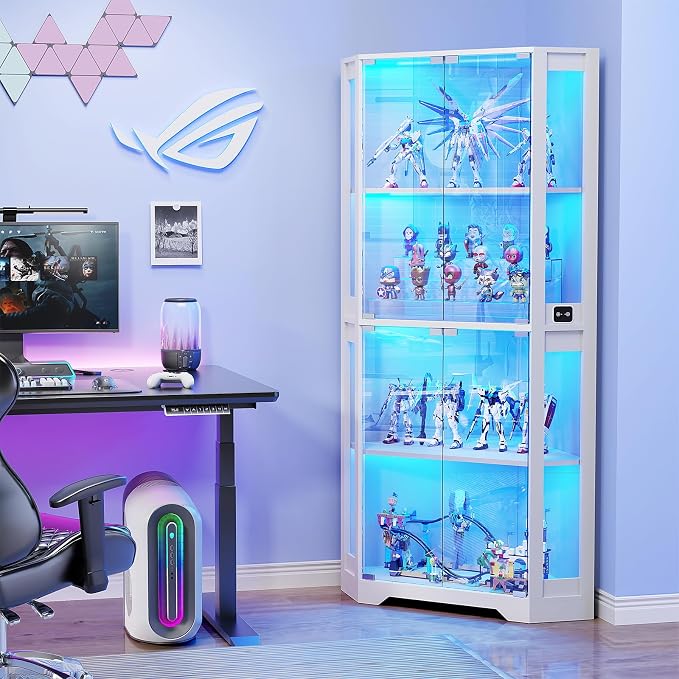 BROTTAR Lighted Corner Display Cabinet with Glass Doors for Collectibles | 65" Curio Cabinet with 3 Color LED Lights, 4-Tier Showcase Display Case with Human Body Sensor for Trophies, Books, White