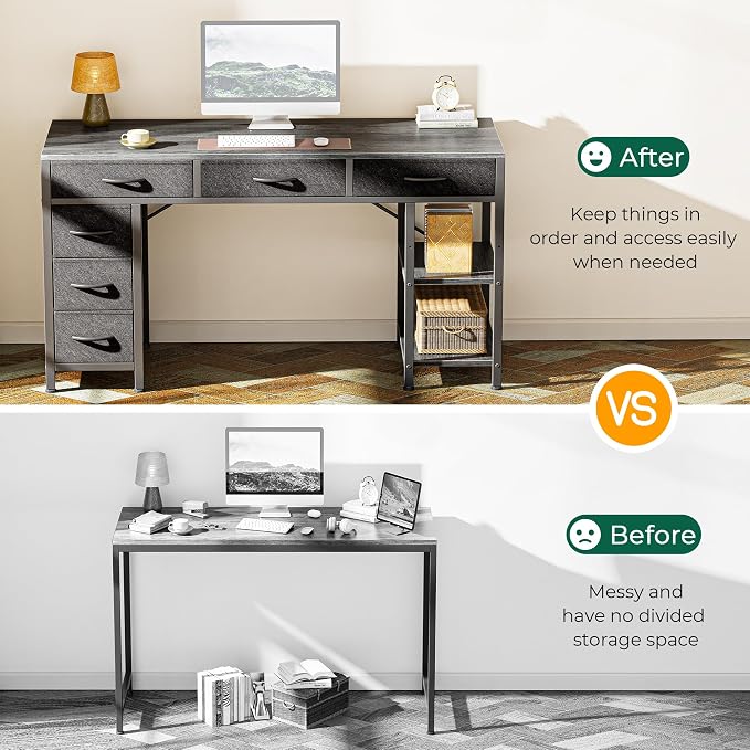 Huuger Computer Desk with 6 Drawers, Office Desk with Shelves, Reversible Gaming Desk, Corner Desk with Storage, Work for Home Office, Study, Living Room, 47inch, Grey