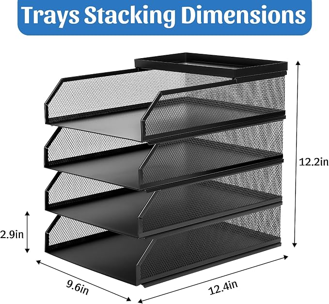 4 Tier Paper Tray Organizer for Desk, Stackable Office Organization | Metal Mesh Desk Trays, File Storage, Paper Sorter Organizer for Letter/A4 Office File Folder Holder, Black