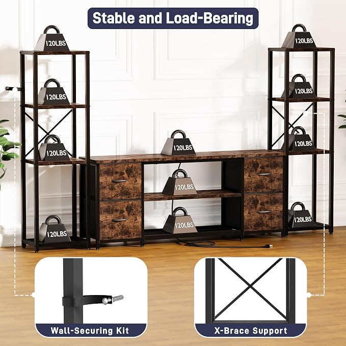 LED TV Stand Bookshelf Combo with Charging Station for 65 60 55 Inch TV, Entertainment Center with Lights & Drawers, Industrial Media TV Console Table for Living Room Bedroom Office, Rustic Brown