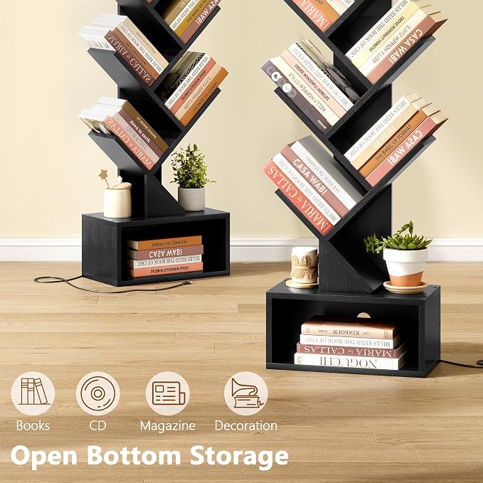 Hoctieon 6 Tier Tree Bookshelf, Tall Bookcase with Drawer, Freestanding Book Shelf with LED Lights, Display Floor Standing Storage Shelf, Book Organizer Shelves for Home Office, Living Room, Black