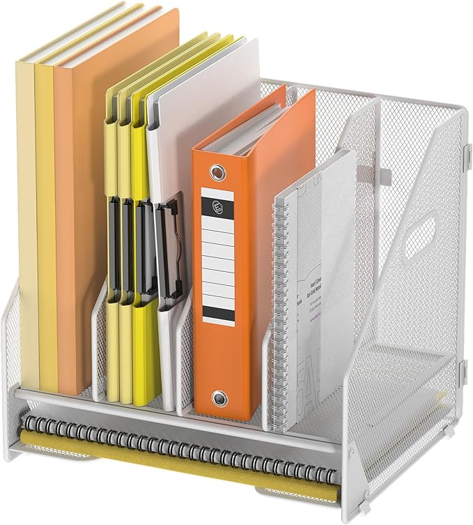Docnest Mesh Desk File Organizer, 4 Vertical Compartment Box Sorter, White | Features 3 removable middle dividers for custom spacing and a bottom letter tray to hold paper, mail, and documents