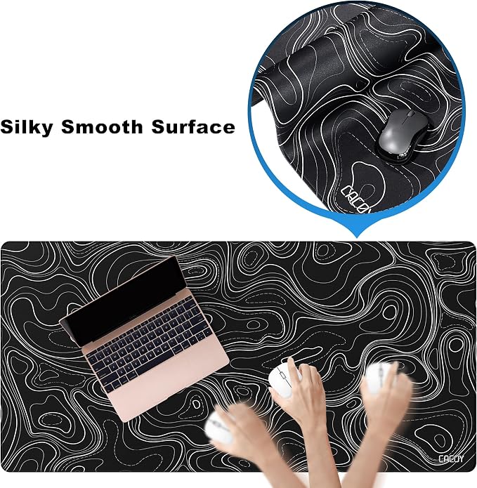 Cacoy 48" x 24" Black Topographic Gaming Mouse Pad, Non-Slip Large Desk Mat | Contour Line Extended Desktop Mat with Stitched Edges Textured Surface Keyboard Mouse Mat Optimized for Gamer Computer Laptop