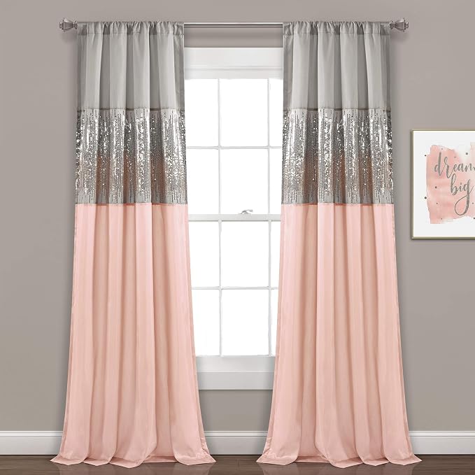 Lush Decor Night Sky Window Curtain Panel, Single 42"W x 108"L Gray & Blush - Sequin Backdrop Curtain - Room Darkening Curtains For Bedroom - Glam Decor