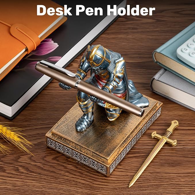 Medieval Knight Pen Holder with Sword, Kneeling King's Guard Warrior Pencil Stand Office Accessories Cool Fancy Desk Decor Gift for Men Dad Husband Boss Boyfriend Him- Leader Cloak Style