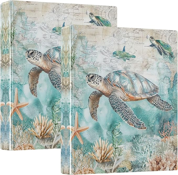 Sea Turtle Shell Starfish Coral Round Ring Binders 1.5 Inch Whale Nautical Ocean Theme 3 Ring Clipboard Binder for Office School Work Supplies File Folder 200 Sheet Capacity 2 Pieces