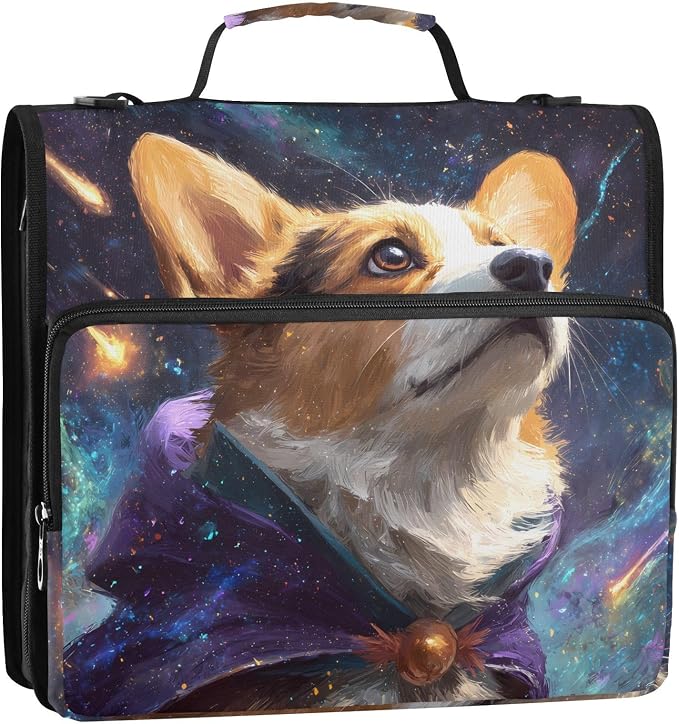 3 Ring Zipper Binder with Shoulder Strap Corgi Starry Sky Galaxy 2 Inch Zippered Binder Bag 500 Sheet Capacity Multi Pockets for School Supplies