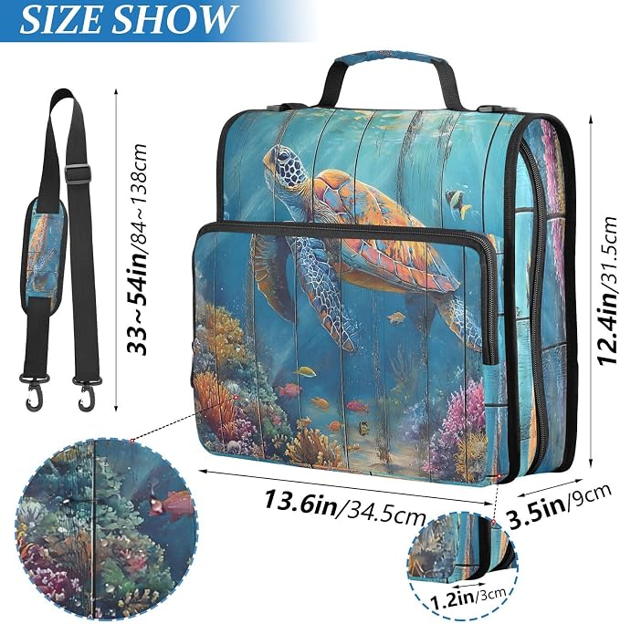ALAZA Zipper Binder 3 Ring Turtle with Ocean Coral Binder Organizer with Zipper and Shoulder Strap Large Capacity Multi-Pocket Trapper Keeper File Folder for Office Supplies
