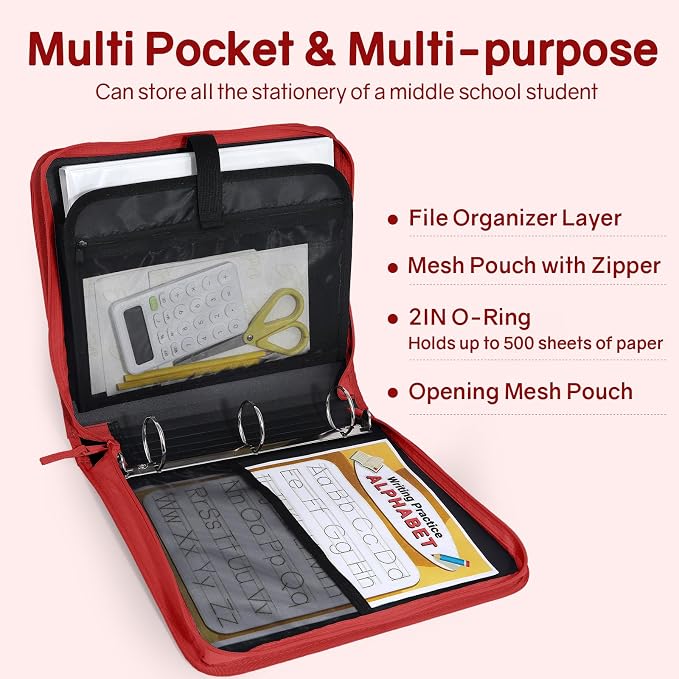 SUNEE Zippered Binder Bag with Handle, 2-Inch 3-Ring O-Ring, 500-Sheet Capacity, Includes Zip Pocket, 5-Tab Expanding File Folder, Multi-Pocket Organizer Binder for Middle School, Bright Red