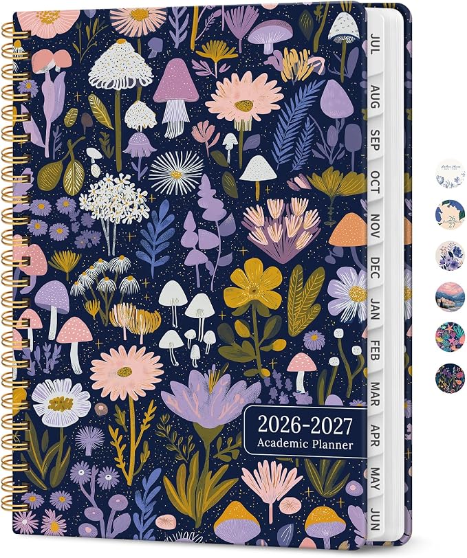 Taja Planner 2026-2027, Jul 2026-Jun 2027 Monthly & Weekly Calendar Planner | 6.3" x 8.5", Hardcover Academic Calendar, Teacher Student Agenda Book with Tabs, School Office Supplies, Mushroom Garden