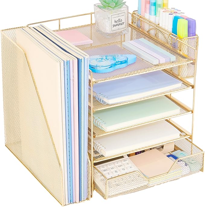 5-Tier Desk File Organizer with Drawer & Pen Holder (Gold) | Desk Organizers and Accessories, Office Desk Accessories & Workspace Desktop Organizers for Classroom, Home, Office Supplies