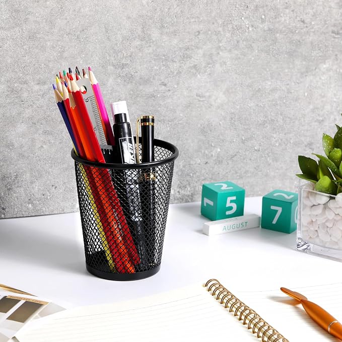 Leelosp 12 Pcs Pen Holder Mesh Pen Cup Bulk Metal Pencil Cup Holder for Desk Black Organizer Round Office Classroom for Back to School Students Kids Adult