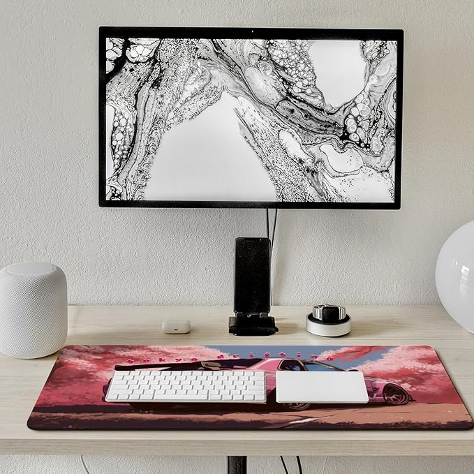 Car Gaming Mouse Pad Large Mousepad Japanese JDM Car R34 Pink Cherry Tree Anime Desk Mat for Keyboard and Mouse Mat Non-Slip Rubber Desk Pad 40x90cm, Style