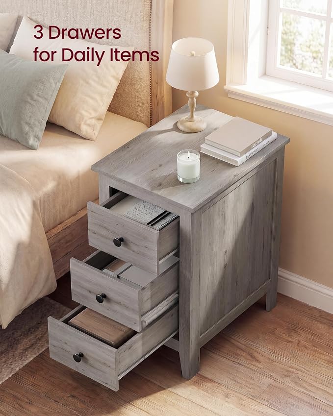 VASAGLE Side End Table with 3 Storage Drawers, Nightstand Farmhouse | Narrow Bedside Table for Living Room, Bedroom, Home Office, Washed Gray, LIRY Collection ULET132G101S