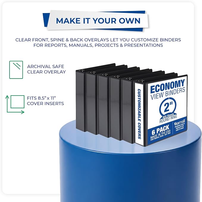 Samsill 2 Inch 3 Ring Binders, Economy Round Ring, Clear View Cover, 425 Sheet Capacity - for School, Home, Office - Black, 6 Pack