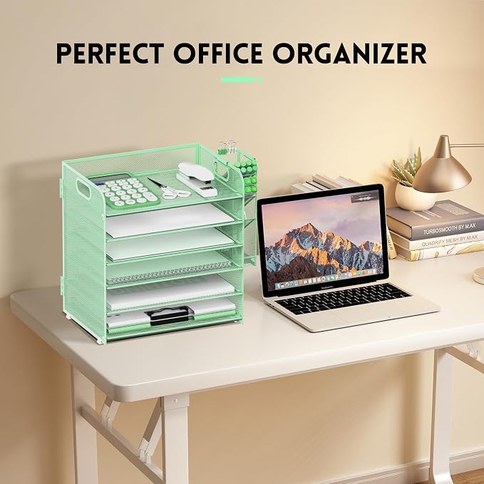 6 Tier Desk Organizer with 4 Pen Holders & Paper Trays Mint Green | 6 Tiers Paper Organizer, File Organizer Letter Tray with Handle for A4 Files, Folders, Mail and Office Supplies