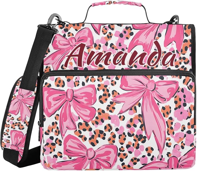 Custom 3 Ring Zipper Binder Pink Bow Leopard Print Personalized Name 1.5 inch Binders Large Capacity Multi Pockets for School Office Supplies