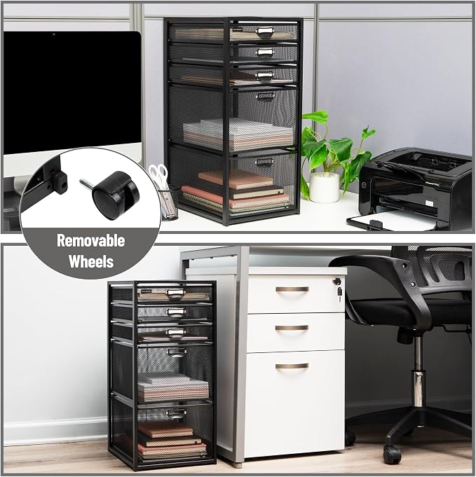 Mind Reader Vertical Office Storage Organizer with Mesh Drawers Label Holders and Optional Wheels, Metal Mesh, Black