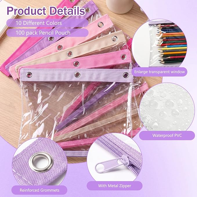 24 Pack Pencil Pouches for 3 Ring Binder Bulk Enlarge Clear Window Pencil Pouches Zipper Pen Case 3 Reinforced Grommet Pen Bag for Binder Utensil Organize Office Supplies(Pink Purple Colors)