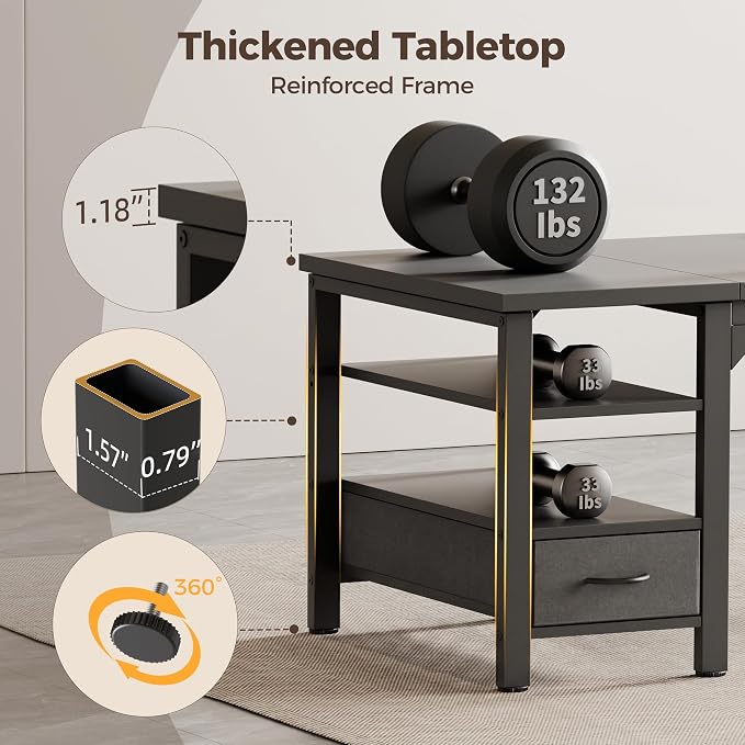 63" Computer Desk with Drawer, 1.2" Thick Reversible Office Desk | Modern Writing Table with Power Outlets & Storage Shelves, Heavy Duty Industrial Executive Desk for Home Bedroom Study Work