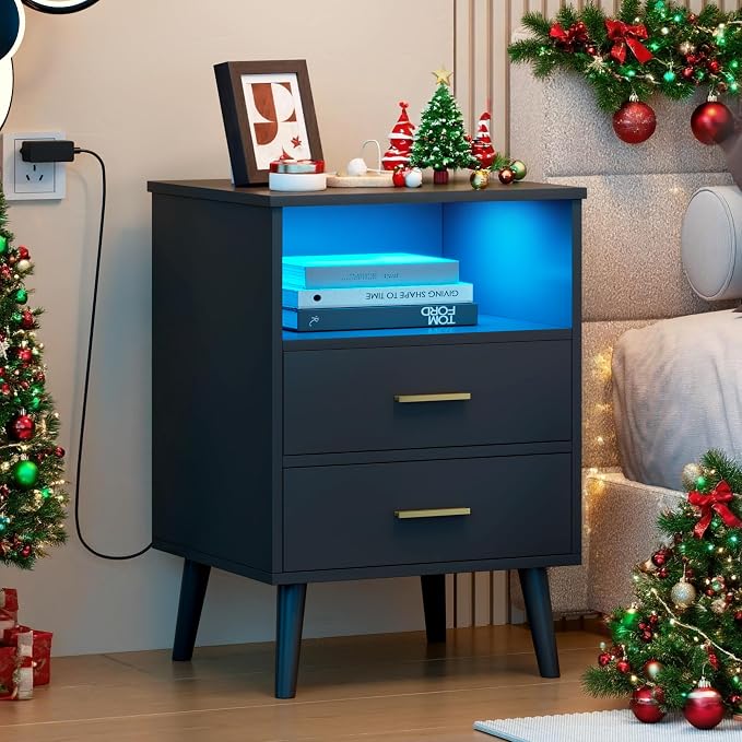 Black Bedroom Nightstand with Charging Station and LED Lights, Modern Bedside Table with Hidded Drawer, Smart Night Stand with Open Storage Shelf, USB Port, Metal Legs