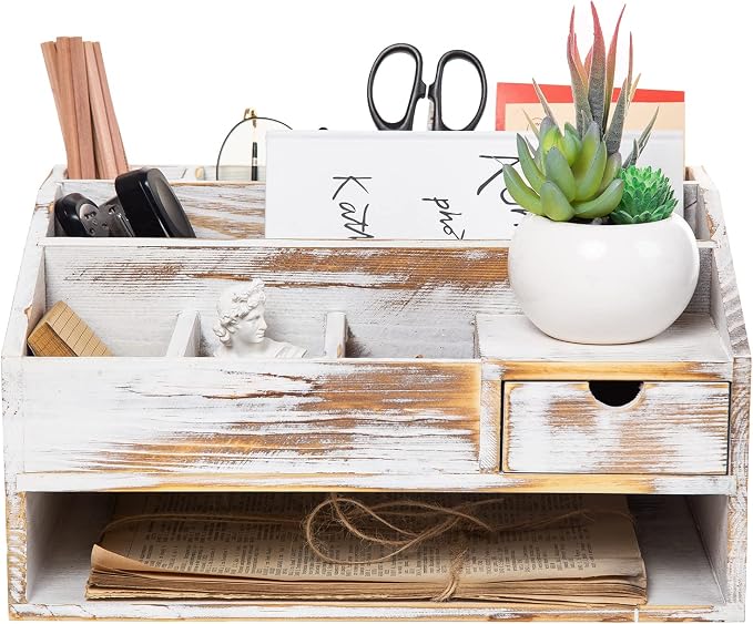 Wood Desk Drawer Organizers with File Organizer Pen holder Office Decor combo Organization Home Can Arrange calculators scissors pens note papers, etc. (washed white)