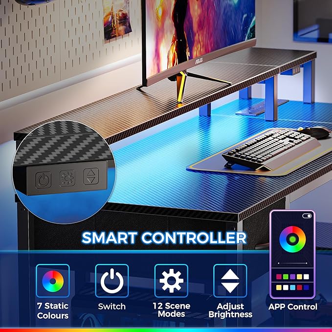 SUPERJARE 53 inch Reversible L Shaped Desk with LED Lights & Power Outlets, Computer Desk with Shelves & Monitor Stand, Gaming Desk with Drawer, Home Office Desk, Carbon Fiber Black