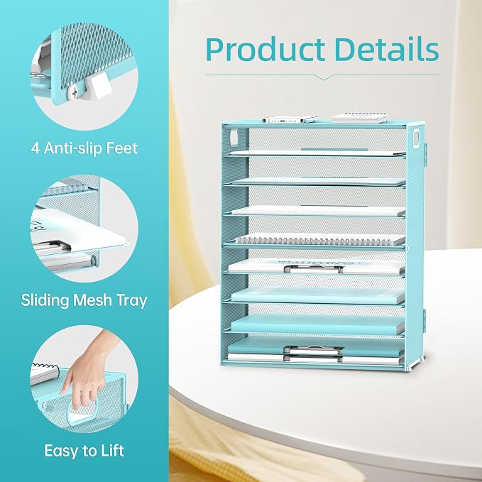 9-Tier Paper Organizer for Desk, Metal Mesh Letter Tray with Handles, Blue | Desk File Organizer with Removable Trays for Sorting Files, Folders, Mail and Printer Paper at Home, School or Office