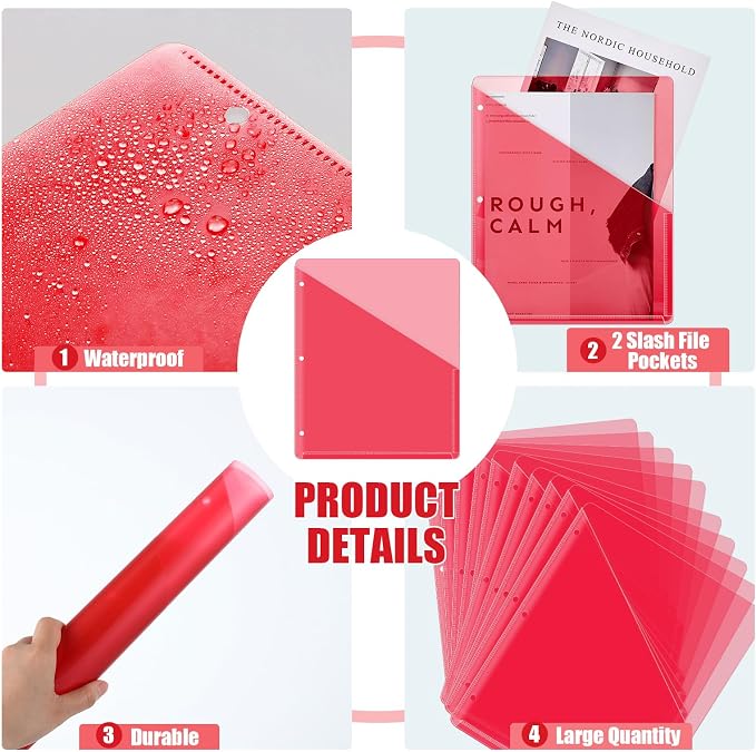 Seajan 100 Pcs Pocket Folders for 3 Ring Binder Clear Plastic Folders Sleeves with 2 Pockets 3 Hole Punch Binder Dividers Poly Slash File Jackets for Office School Document Organizer (Red)