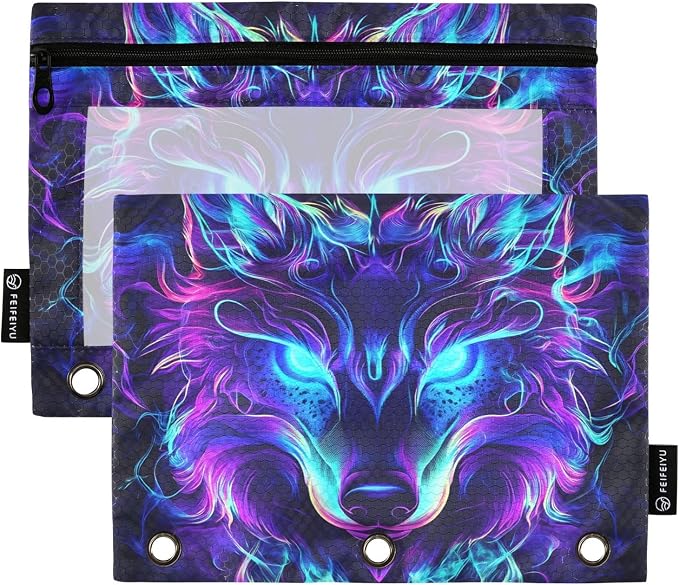 Mystical Wolf Face Pencil Pouch for 3 Ring Binder, 2 Pack Waterproof Pencil Bags Clear Window Pencil Case Zipper School Office Supplies